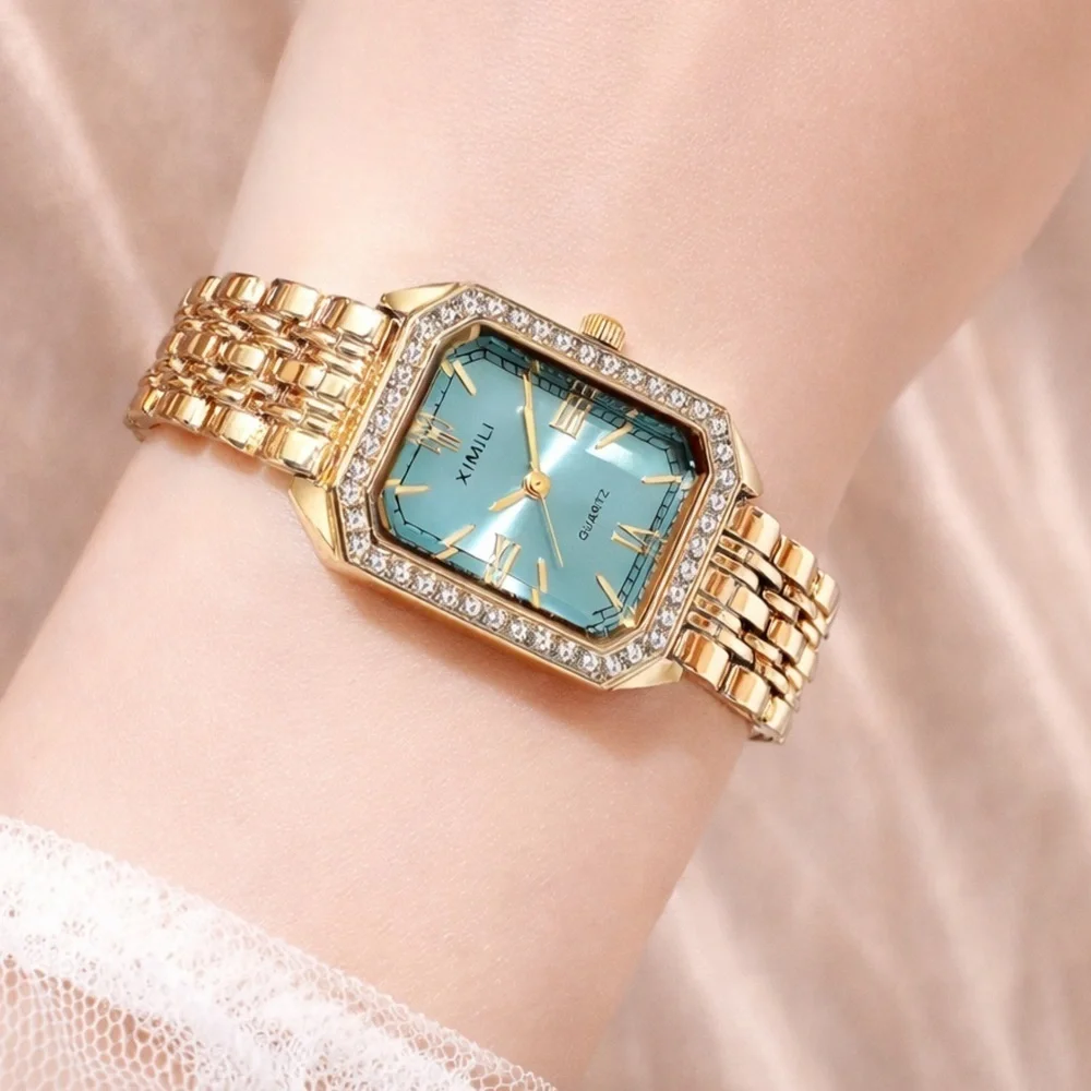 Luxury Gold Rectangular Watch with Blue Dial & Crystal Bezel